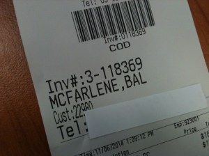 Receipt with name Bal McFarlene